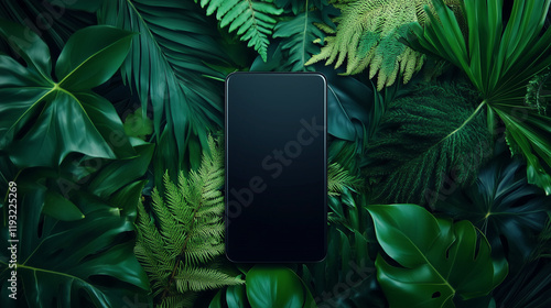 Wallpaper Mural Smartphone Template with Black Screen on Green Jungle Leaves Background Torontodigital.ca