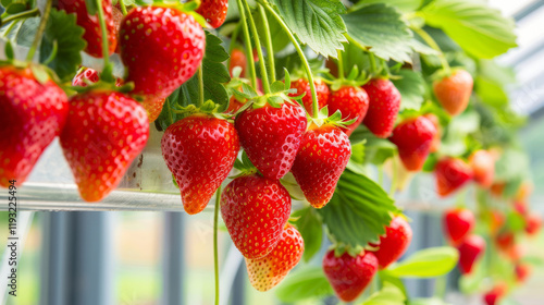 Hydroponic Grown Strawberries in Bright Greenhouse
