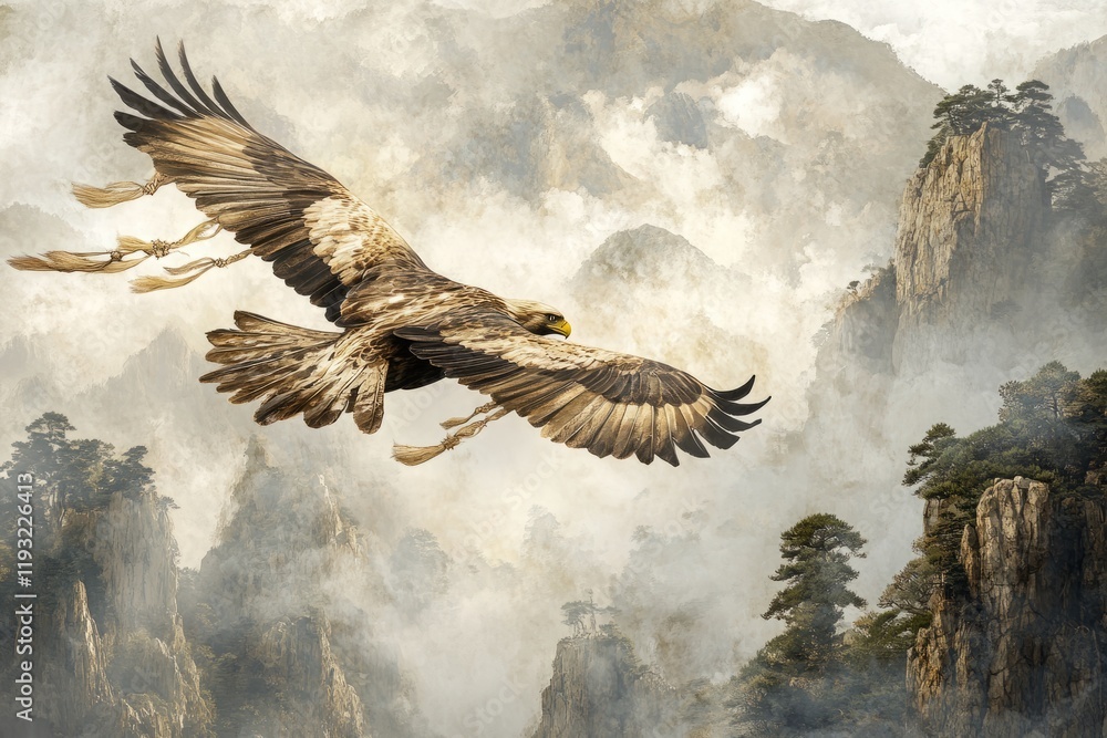 Obraz premium Majestic Eagle Soaring Over Misty Mountain Landscape at Sunrise