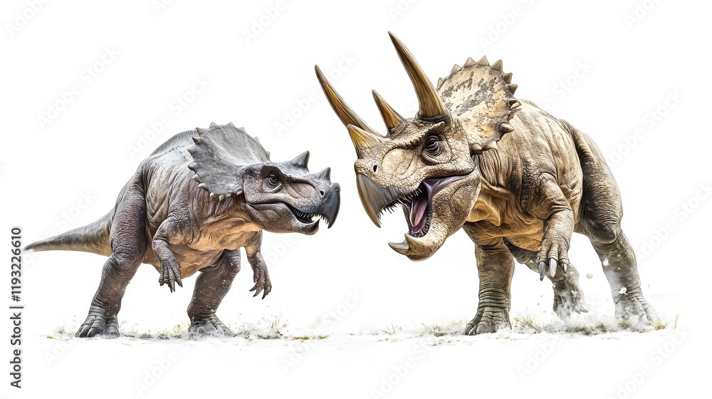 Fototapeta premium 6. A triceratops defending itself from a predator, with a clean white backdrop enhancing the scene
