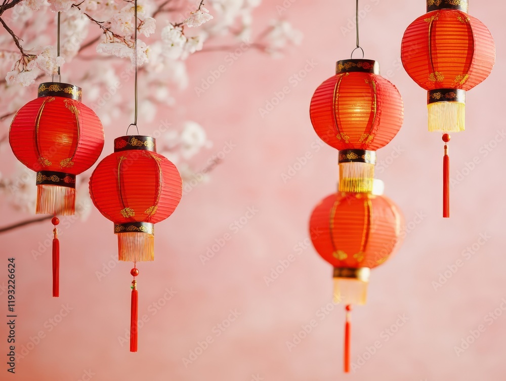 Fototapeta premium Festive Red Chinese Lanterns Hanging Decor Asian Culture Spring New Year