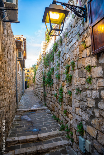 Narrow street in Ulcinj Old Town in Montenegro, the southernmost city at Montenegrin coast, Europe photo