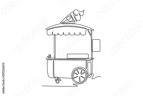 Food truck with street food concept. Single line draw design vector graphic illustration.