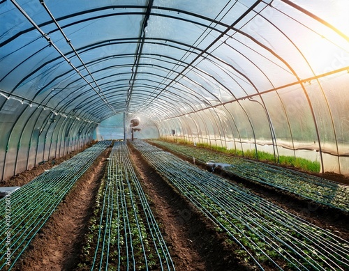 micro sprinkler irrigation system inside greenhouse photo