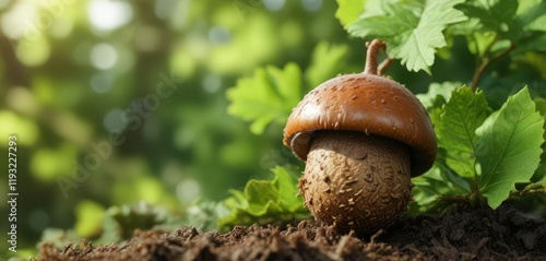 Acorn with an uneven, warty cap isolated against a green foliage background , forest, tree, warty cap photo