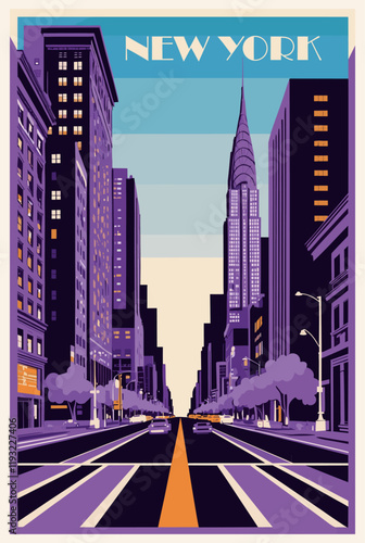 New York city, USA Travel Destination Poster in retro style. Cityscape digital print. Summer vacation, holidays concept. Vintage vector colorful illustration