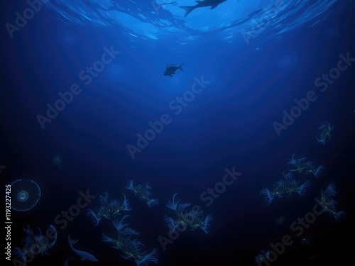 Wallpaper Mural Abyssal ocean depths with bioluminescent creatures, underwater, depths, dark blue Torontodigital.ca