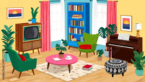 Living room interior with piano, retro television, bookshelf, armchairs, house plants. Colorful flat vector illustration.