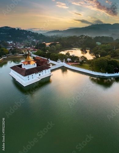 Drone shot of the Temple of the Tooth in Kandy, surrounded by the scenic lake. 39108.jpg, Firefly Overhead view of the train journey to Kandy