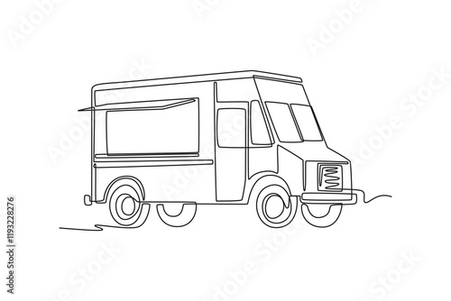 Food truck with street food concept. Single line draw design vector graphic illustration.