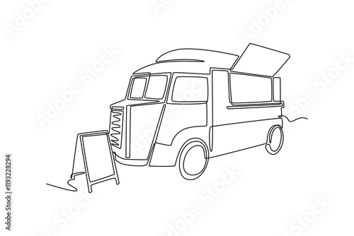 Food truck with street food concept. Single line draw design vector graphic illustration.