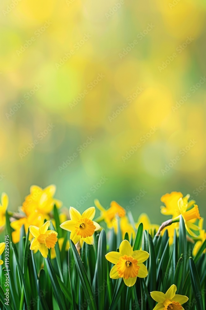 Fototapeta premium St. David's Day, bright spring background, bouquet of yellow daffodil flowers, vertical banner, bokeh effect, copy space, free space for text