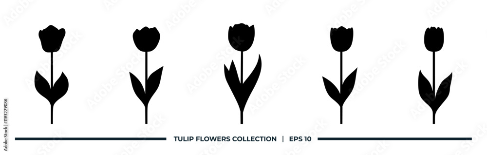 A collection of five stylized black tulip silhouettes with green stems and leaves. A collection of five stylized black tulip silhouettes with green stems and leaves.