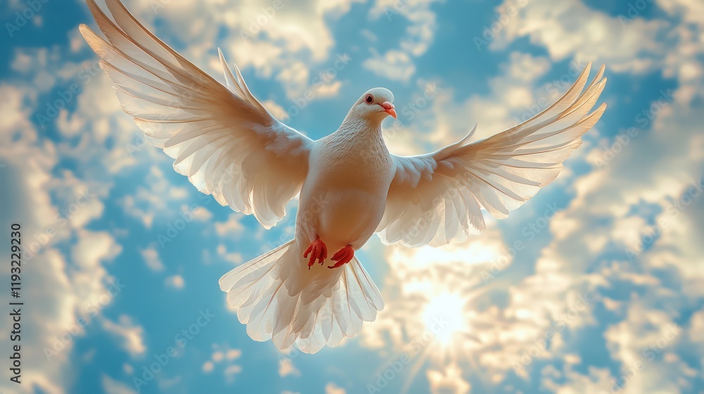Fototapeta premium White dove in flight, wings spread wide, against a sunlit sky.