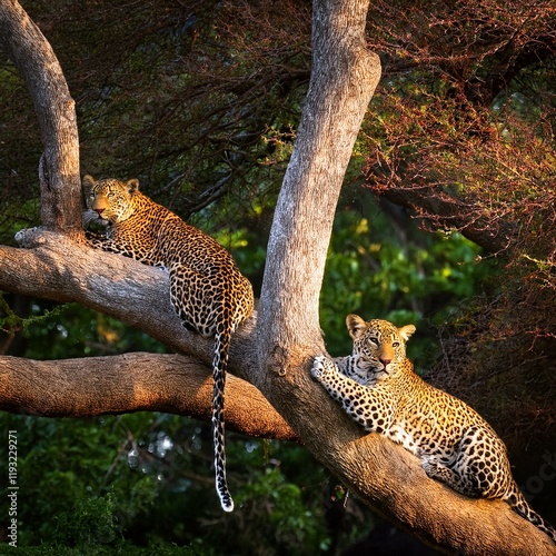 Wallpaper Mural Generated image Aerial shot of leopards resting on a tree branch in Wilpattu National Park Torontodigital.ca