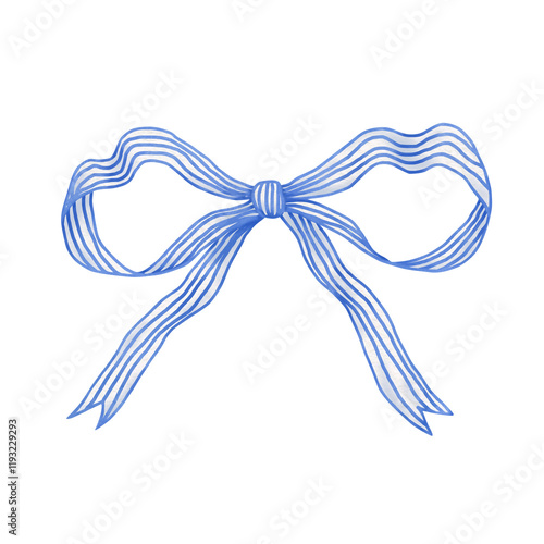 Blue and white striped bow in watercolor style
