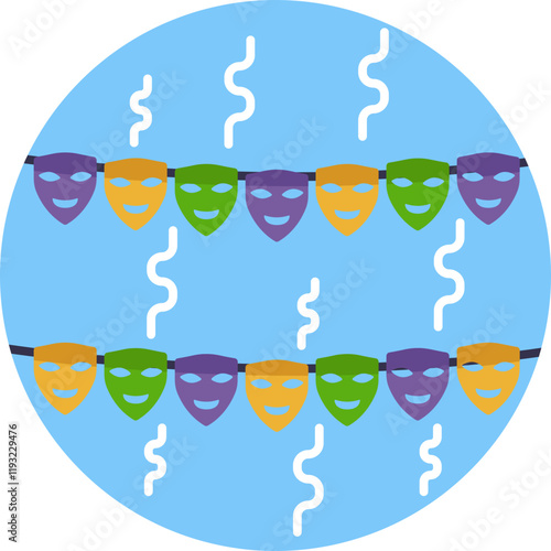 A vibrant garland of masks strung together, representing the joyous spirit and traditions of the Mardi Gras festival.