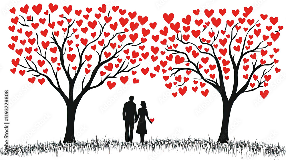 Illustration of a couple walking through a field with trees, whose leaves are red hearts, on a white background with copy space. Romantic Valentine's Day scene. cartoon, illustration, drawing, card. Illustration of a couple walking through a field with trees, whose leaves are red hearts, on a white background with copy space. Romantic Valentine's Day scene. cartoon, illustration, drawing, card.