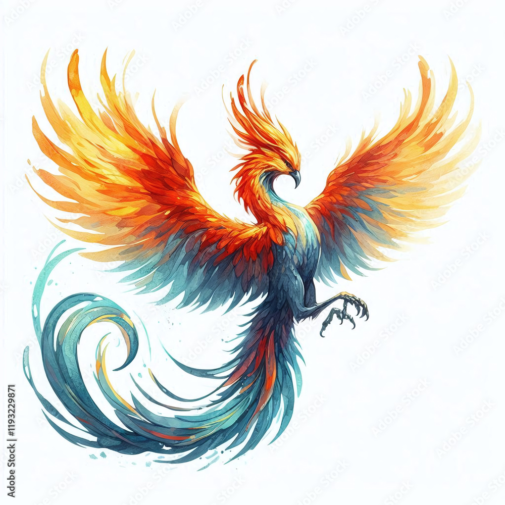 Fototapeta premium Vibrant illustration of a mythical phoenix, watercolor clipart illustration. Generative AI.