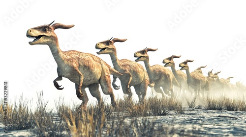 18. A herd of parasaurolophus migrating across a prehistoric plain, with a neutral white background