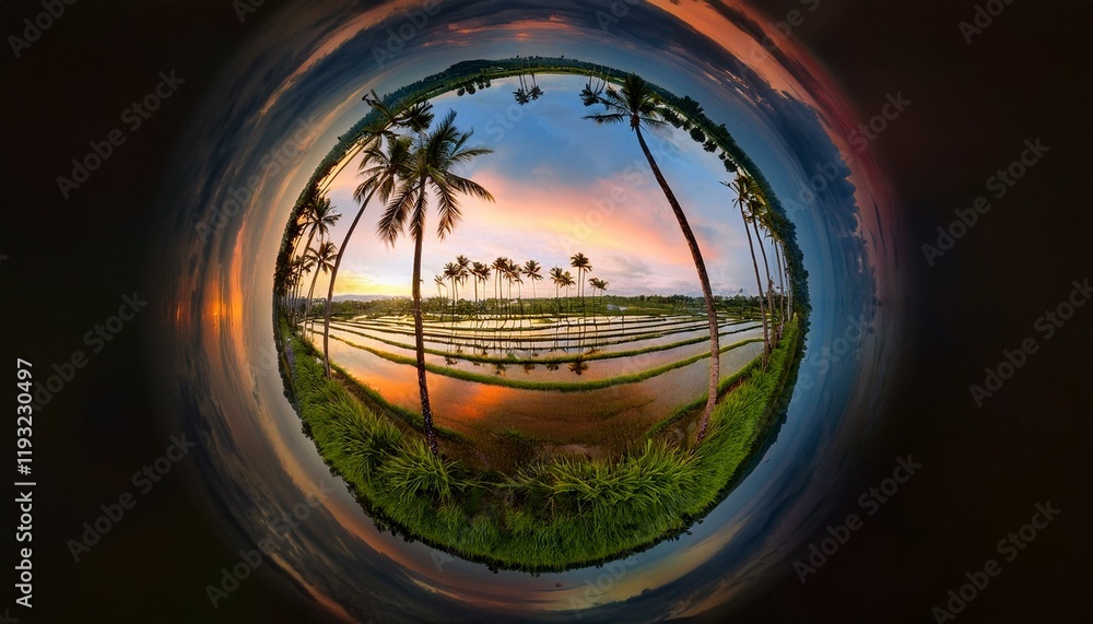 Generated image Overhead view of a rice paddy field reflecting the sky, framed by coconut palms Generated image Overhead view of a rice paddy field reflecting the sky, framed by coconut palms