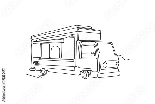 Food truck with street food concept. Single line draw design vector graphic illustration.