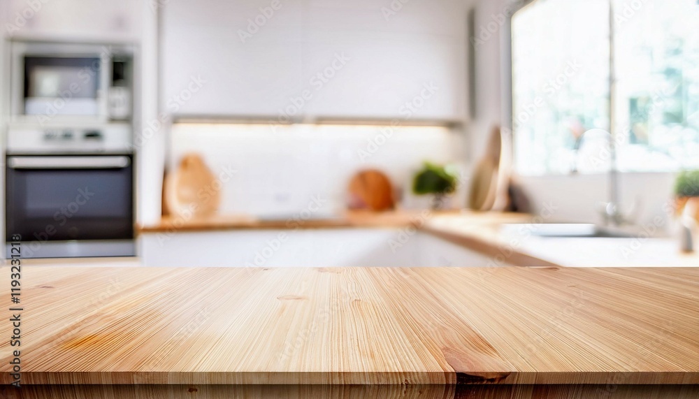 wood countertop on blur of white clean abstract home interior with bokeh kitchen table background wood countertop on blur of white clean abstract home interior with bokeh kitchen table background