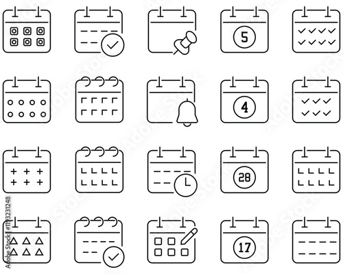  Calendar icon collection.  Calendar symbols isolated. Line style Icon. Set every day a week. Date, event, month, day, agenda, clock etc. Outline set of calendar week vector icons.