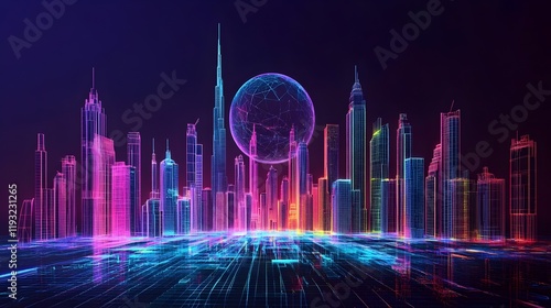 3D colorful vector rendering of Dubai city featuring Burj Al Khalifa in wire-frame style design. Concept for art exhibitions, tourism promotions, modern urban art projects or concept illustrations. photo