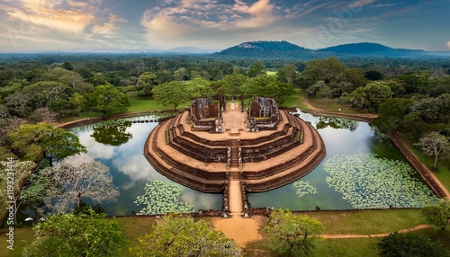 Generated image Drone shot of the ancient city of Polonnaruwa with its iconic stone ruins and lotus ponds