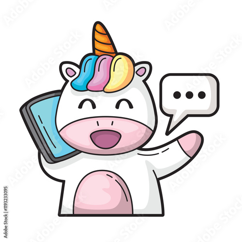 Happy unicorn with smartphone and speech bubble, perfect for technology, education, children's books, and social media marketing visuals
