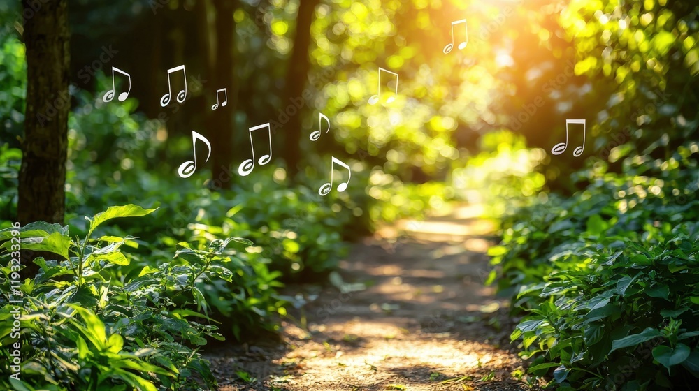 Fototapeta premium A serene forest path illuminated by sunlight, with musical notes floating in the air, creating a harmonious connection between nature and music.