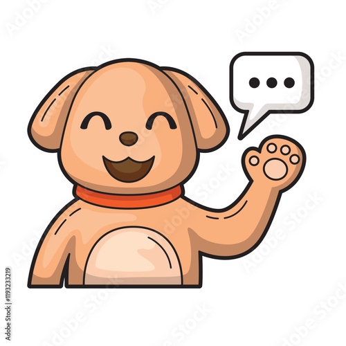 Happy dog waving hello, holding a speech bubble. Suitable for social media posts, greeting cards, websites, and pet related content