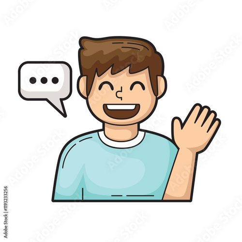 Happy man waving in a speech bubble, perfect for business communications or introducing a friendly character in marketing materials