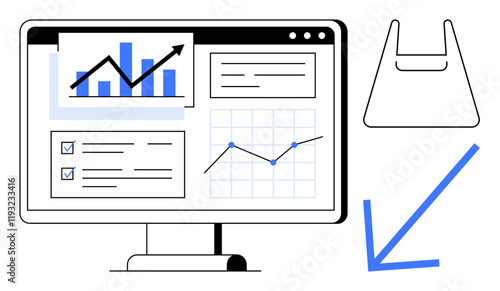 Computer screen with various data analytics tools including bar and line graphs, checklists, magnifying glass, and a sideways arrow. Ideal for business analysis, growth tracking, progress
