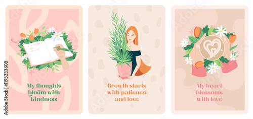 Self-Love Growth Cards with plants