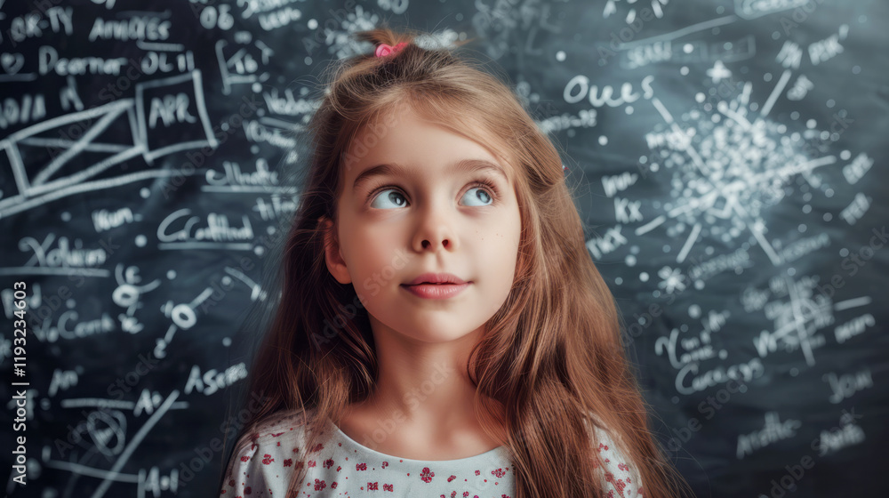 Schoolgirl looking up at glowing science and mathematics equations on a blackboard, with a dreamy expression of curiosity and wonder
Schoolgirl looking up at glowing science and mathematics equations on a blackboard, with a dreamy expression of curiosity and wonder