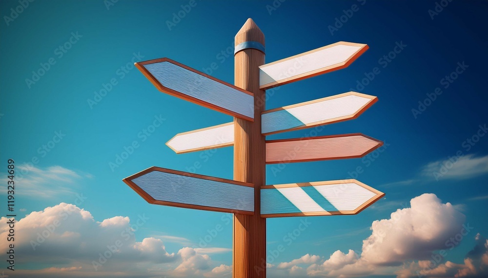 image of a tall signpost with multiple blank directional arrows pointing different ways against a bright blue sky symbolizing direction choice and possibilities image of a tall signpost with multiple blank directional arrows pointing different ways against a bright blue sky symbolizing direction choice and possibilities