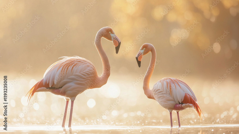 Harmonious Flamingo Pair by Serene Pond Under Golden Sunlight Harmonious Flamingo Pair by Serene Pond Under Golden Sunlight