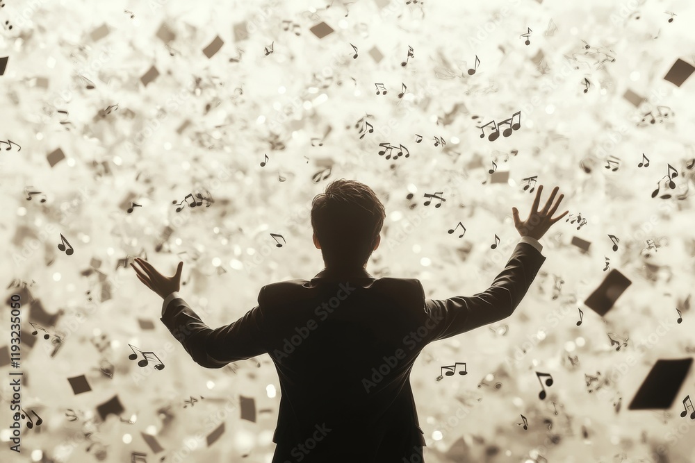 A silhouetted figure stands with arms raised amidst a shower of musical notes and confetti, evoking a celebratory and dynamic atmosphere. A silhouetted figure stands with arms raised amidst a shower of musical notes and confetti, evoking a celebratory and dynamic atmosphere.