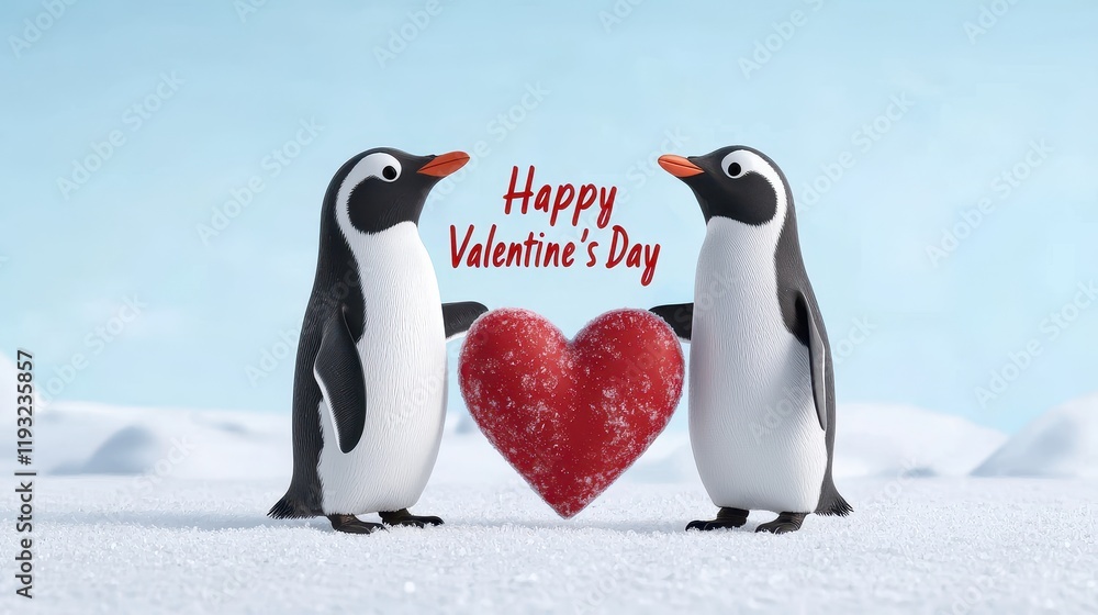 Obraz premium Two cartoon penguins holding a heart celebrate Valentine's Day against a snowy background.