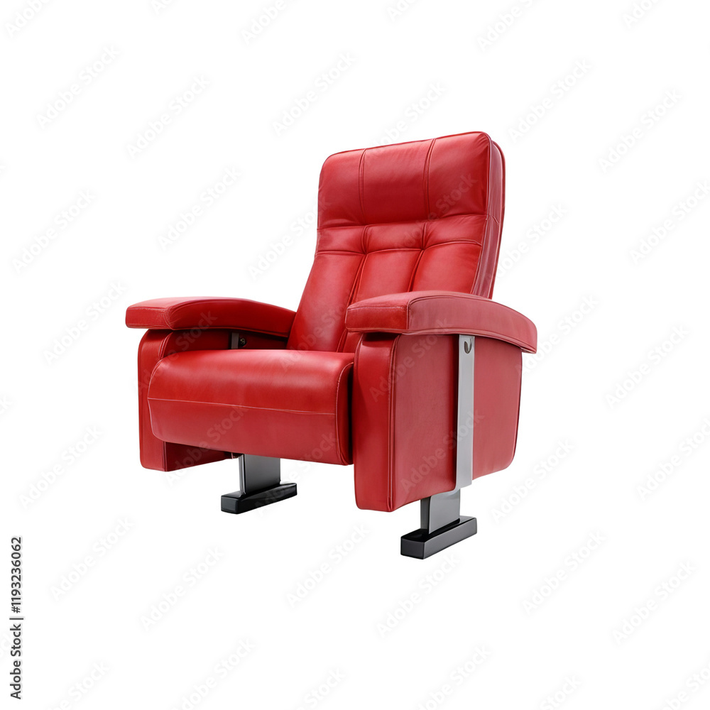 Fototapeta premium Luxurious Red Auditorium Seat: A plush, red leather auditorium seat with sleek, modern metal accents, inviting you to sink in and enjoy a comfortable viewing experience.