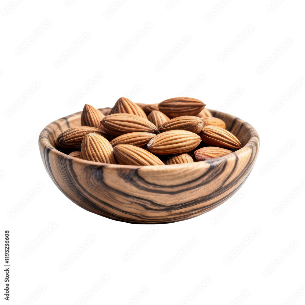 Almonds in Wooden Bowl: A rustic wooden bowl overflowing with a pile of whole, unpeeled almonds, showcasing their rich, warm tones and natural texture. Almonds in Wooden Bowl: A rustic wooden bowl overflowing with a pile of whole, unpeeled almonds, showcasing their rich, warm tones and natural texture.