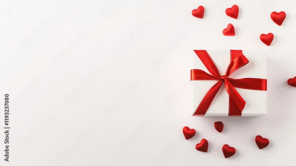 Valentine's Day: Celebrating Affection and Meaningful Connections, Gift box adorned with a red ribbon and surrounded by heart shapes on a white background. Valentine's Day: Celebrating Affection and Meaningful Connections, Gift box adorned with a red ribbon and surrounded by heart shapes on a white background.