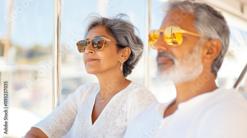 Mature latin american couple in sunglasses enjoys relaxing on a boat in the ocean