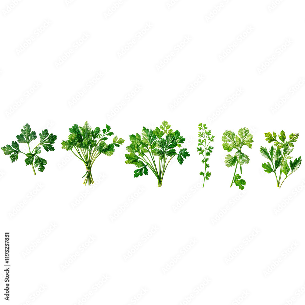 Parsley and Herbs Collection: A vibrant collection of fresh parsley sprigs and other herbs, meticulously arranged in a visually appealing row, perfect for culinary or botanical themed designs. Parsley and Herbs Collection: A vibrant collection of fresh parsley sprigs and other herbs, meticulously arranged in a visually appealing row, perfect for culinary or botanical themed designs.