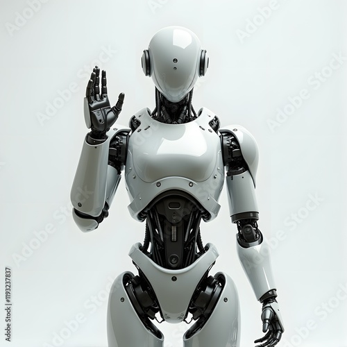 Robot AI sur fond blanc qui fait un signe de la main . intelligence artificielle  photo