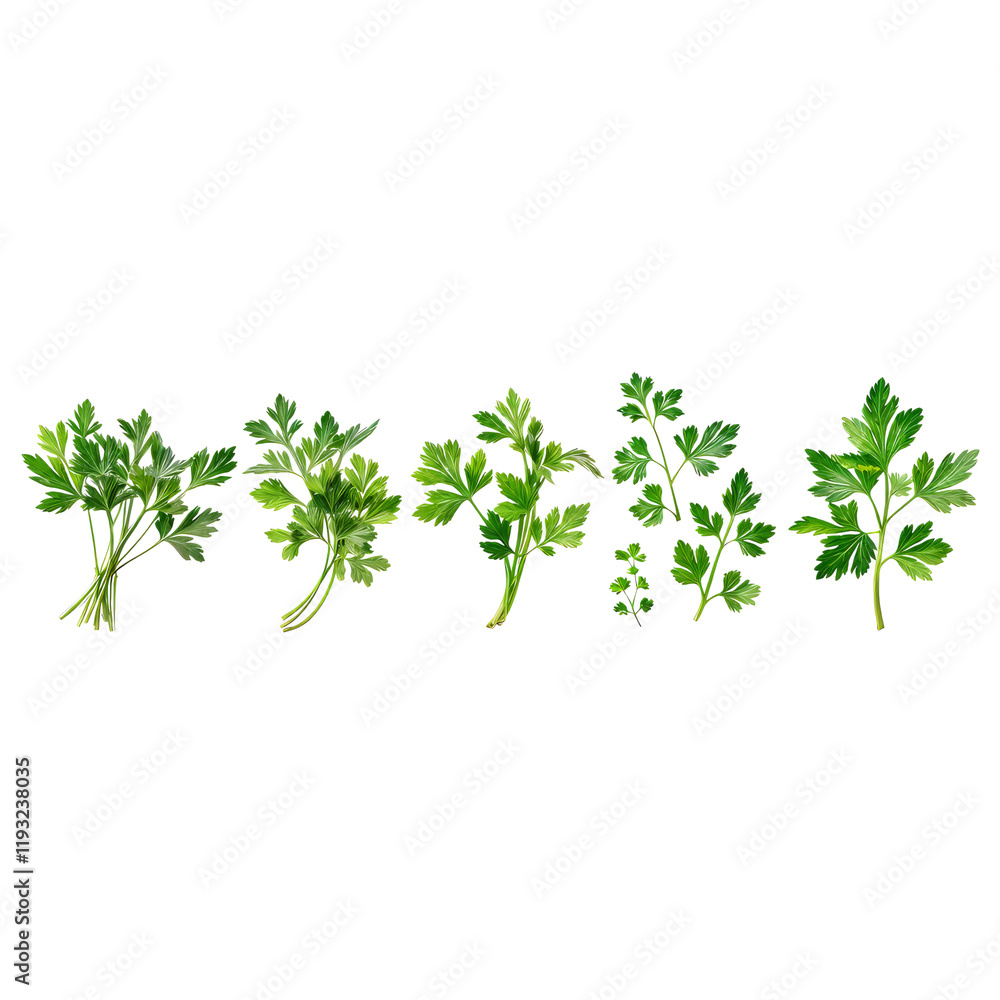 Parsley Collection: A vibrant collection of fresh parsley sprigs, showcasing variations in size and fullness, perfect for culinary and design applications. Parsley Collection: A vibrant collection of fresh parsley sprigs, showcasing variations in size and fullness, perfect for culinary and design applications.