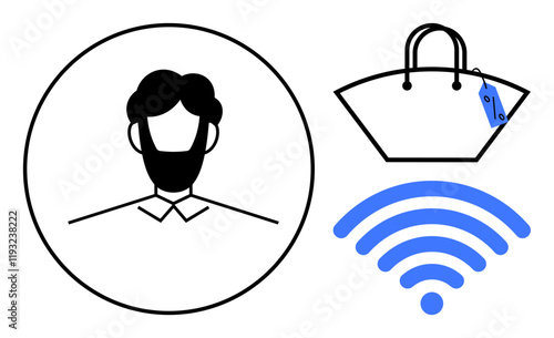 Minimalist person profile, shopping bag with price tag, and wireless symbol. Ideal for digital identity, online shopping, connectivity, e-commerce, internet services, consumer behavior technology