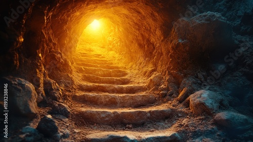 Stone stairs ascend towards a glowing cave exit, rocks surround